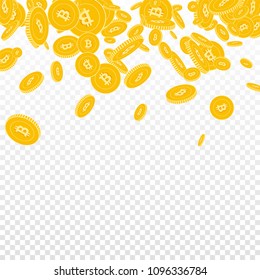 Bitcoin, internet currency coins falling. Scattered floating BTC coins on transparent background. Actual scatter top gradient vector illustration. Jackpot or success concept.