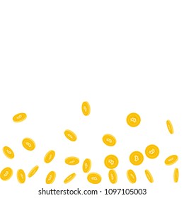 Bitcoin, internet currency coins falling. Scattered sparse BTC coins on white background. Rare scatter bottom gradient vector illustration. Jackpot or success concept.