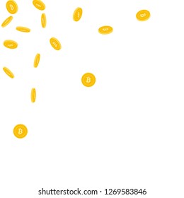 Bitcoin, internet currency coins falling. Scattered sparse BTC coins on white background. Extra scattered top left corner vector illustration. Jackpot or success concept.