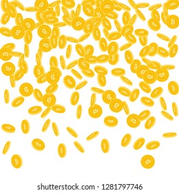 Bitcoin, internet currency coins falling. Scattered small BTC coins on white background. Lovely top gradient vector illustration. Jackpot or success concept.