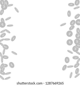 Bitcoin, internet currency coins falling. Scattered black and white BTC small coins. Jackpot or success concept. Ecstatic messy border vector illustration.