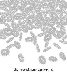Bitcoin, internet currency coins falling. Scattered black and white BTC big coins. Jackpot or success concept. Wonderful top gradient vector illustration.