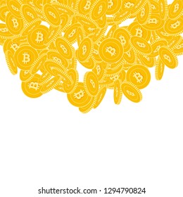 Bitcoin, internet currency coins falling. Scattered big BTC coins on white background. Stunning top semicircle square vector illustration. Jackpot or success concept.
