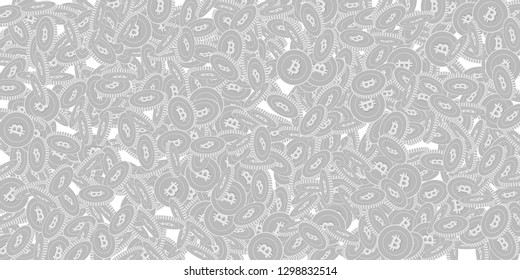 Bitcoin, internet currency coins falling. Scattered black and white BTC big coins. Jackpot or success concept. Dramatic wide scatter vector illustration.
