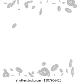 Bitcoin, internet currency coins falling. Scattered black and white BTC disorderly coins. Jackpot or success concept. Wondrous borders vector illustration.