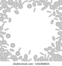 Bitcoin, internet currency coins falling. Scattered black and white BTC small coins. Jackpot or success concept. Graceful round random frame vector illustration.