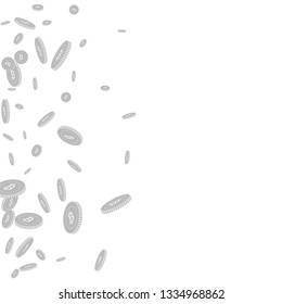 Bitcoin, internet currency coins falling. Scattered black and white BTC disorderly coins. Jackpot or success concept. Memorable scatter left gradient vector illustration.