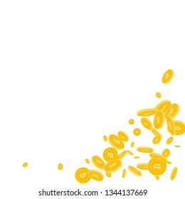 Bitcoin, internet currency coins falling. Scattered disorderly BTC coins on white background. Radiant bottom right corner vector illustration. Jackpot or success concept.