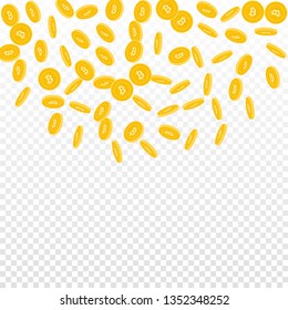 Bitcoin, internet currency coins falling. Scattered sparse BTC coins on transparent background. Terrific top semicircle square vector illustration. Jackpot or success concept.
