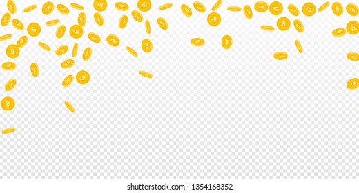 Bitcoin, internet currency coins falling. Scattered sparse BTC coins on transparent background. Pleasant falling rain vector illustration. Jackpot or success concept.
