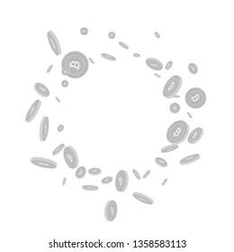 Bitcoin, internet currency coins falling. Scattered black and white BTC disorderly coins. Jackpot or success concept. Ideal round scattered frame vector illustration.