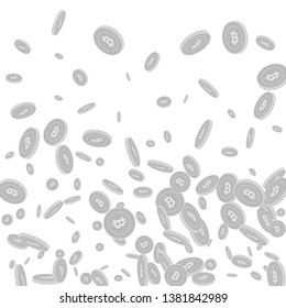Bitcoin, internet currency coins falling. Scattered black and white BTC disorderly coins. Jackpot or success concept. Alive bottom gradient vector illustration.