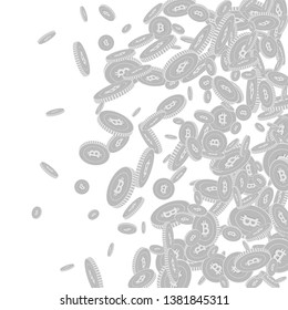 Bitcoin, internet currency coins falling. Scattered black and white BTC floating coins. Jackpot or success concept. Fancy right gradient vector illustration.