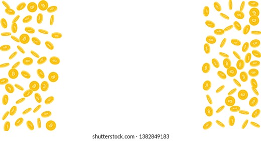 Bitcoin, internet currency coins falling. Scattered sparse BTC coins on white background. Jackpot or success concept.