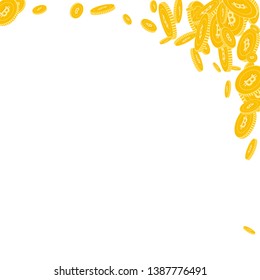 Bitcoin, internet currency coins falling. Scattered floating BTC coins on white background. Exotic abstract right top corner vector illustration. Jackpot or success concept.