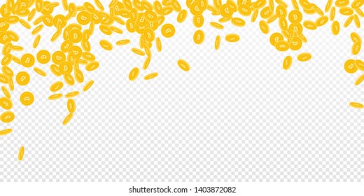 Bitcoin, internet currency coins falling. Scattered small BTC coins on transparent background. Overwhelming falling rain vector illustration. Jackpot or success concept.
