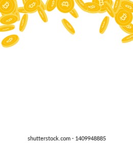 Bitcoin, internet currency coins falling. Scattered big BTC coins on white background. Fabulous abstract top border vector illustration. Jackpot or success concept.