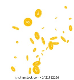 Bitcoin, internet currency coins falling. Scattered disorderly BTC coins on white background. Dramatic radiant right bottom corner vector illustration. Jackpot or success concept.