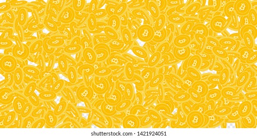 Bitcoin, internet currency coins falling. Scattered big BTC coins on transparent background. Bewitching wide scatter vector illustration. Jackpot or success concept.