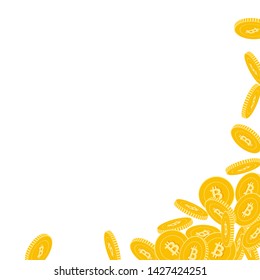 Bitcoin, internet currency coins falling. Scattered big BTC coins on white background. Delicate abstract right bottom corner vector illustration. Jackpot or success concept.