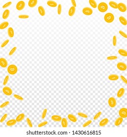 Bitcoin, internet currency coins falling. Scattered sparse BTC coins on transparent background. Terrific chaotic border vector illustration. Jackpot or success concept.
