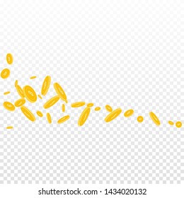 Bitcoin, internet currency coins falling. Scattered disorderly BTC coins on transparent background. Good-looking square shape vector illustration. Jackpot or success concept.
