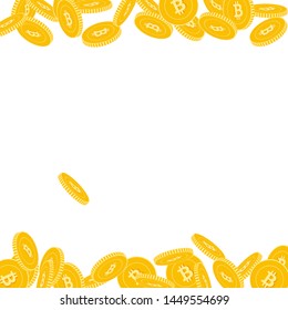 Bitcoin, internet currency coins falling. Scattered big BTC coins on white background. Incredible borders vector illustration. Jackpot or success concept.