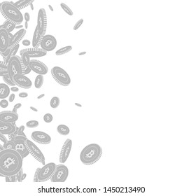 Bitcoin, internet currency coins falling. Scattered black and white BTC floating coins. Jackpot or success concept. Mesmeric scatter left gradient vector illustration.