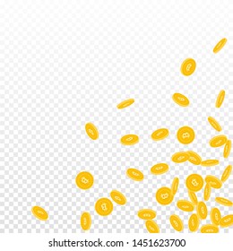 Bitcoin, internet currency coins falling. Scattered small BTC coins on transparent background. Classic scattered bottom right corner vector illustration. Jackpot or success concept.