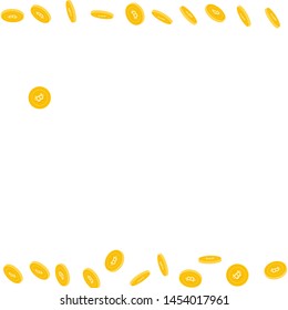 Bitcoin, internet currency coins falling. Scattered sparse BTC coins on white background. Magnificent borders vector illustration. Jackpot or success concept.