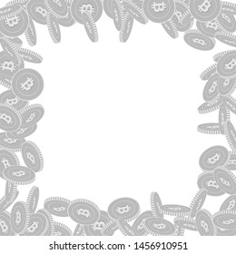 Bitcoin, internet currency coins falling. Scattered black and white BTC big coins. Jackpot or success concept. Bold chaotic border vector illustration.