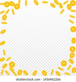 Bitcoin, internet currency coins falling. Scattered sparse BTC coins on transparent background. Worthy corner frame vector illustration. Jackpot or success concept.