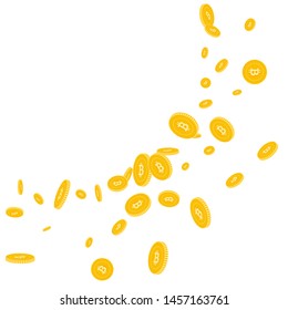 Bitcoin, internet currency coins falling. Scattered disorderly BTC coins on white background. Gorgeous big radiant left top corner vector illustration. Jackpot or success concept.