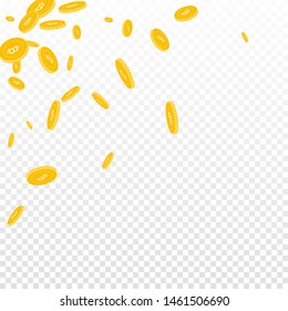 Bitcoin, internet currency coins falling. Scattered disorderly BTC coins on transparent background. Emotional scattered top left corner vector illustration. Jackpot or success concept.