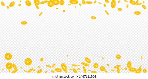 Bitcoin, internet currency coins falling. Scattered disorderly BTC coins on transparent background. Remarkable scattered border vector illustration. Jackpot or success concept.