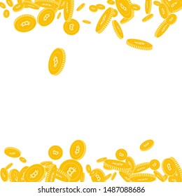 Bitcoin, internet currency coins falling. Scattered floating BTC coins on white background. Likable borders vector illustration. Jackpot or success concept.