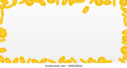 Bitcoin, internet currency coins falling. Scattered bi BTC coins on transparent background. Amazing wide frame vector illustration. Jackpot or success concept.
