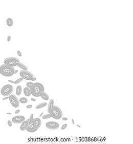 Bitcoin, internet currency coins falling. Scattered black and white BTC disorderly coins. Jackpot or success concept. Artistic bottom left corner vector illustration.