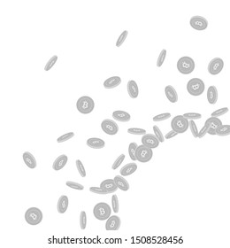 Bitcoin, internet currency coins falling. Scattered black and white BTC small coins. Jackpot or success concept. Extra radiant right bottom corner vector illustration.