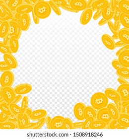 Bitcoin, internet currency coins falling. Scattered big BTC coins on transparent background. Grand round random frame vector illustration. Jackpot or success concept.