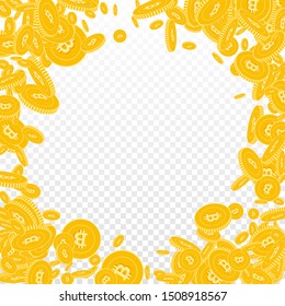 Bitcoin, internet currency coins falling. Scattered floating BTC coins on transparent background. Immaculate round random frame vector illustration. Jackpot or success concept.