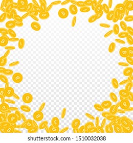 Bitcoin, internet currency coins falling. Scattered small BTC coins on transparent background. Incredible round random frame vector illustration. Jackpot or success concept.