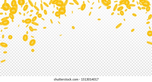 Bitcoin, internet currency coins falling. Scattered disorderly BTC coins on transparent background. Noteworthy falling rain vector illustration. Jackpot or success concept.