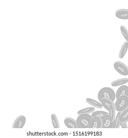 Bitcoin, internet currency coins falling. Scattered black and white BTC big coins. Jackpot or success concept. Shapely abstract right bottom corner vector illustration.