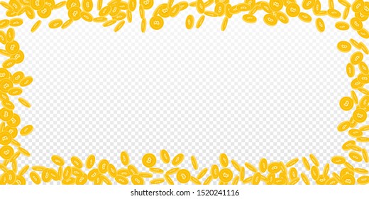 Bitcoin, internet currency coins falling. Scattered small BTC coins on transparent background. Delicate wide scattered frame vector illustration. Jackpot or success concept.