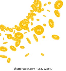 Bitcoin, internet currency coins falling. Scattered floating BTC coins on white background. Creative radiant left top corner vector illustration. Jackpot or success concept.