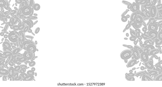 Bitcoin, internet currency coins falling. Scattered black and white BTC floating coins. Jackpot or success concept. Authentic right left border vector illustration.