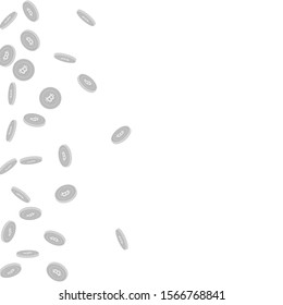 Bitcoin, internet currency coins falling. Scattered black and white BTC sparse coins. Jackpot or success concept. Modern scatter left gradient vector illustration.