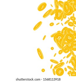 Bitcoin, internet currency coins falling. Scattered floating BTC coins on white background. Uncommon scatter right gradient vector illustration. Jackpot or success concept.