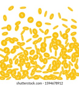 Bitcoin, internet currency coins falling. Scattered small BTC coins on white background. Nice bottom gradient vector illustration. Jackpot or success concept.